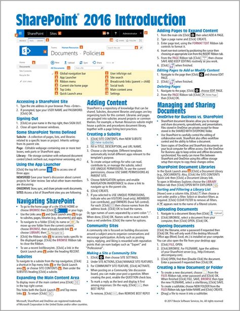 Microsoft Sharepoint 2016 Introduction Quick Reference Guide Windows