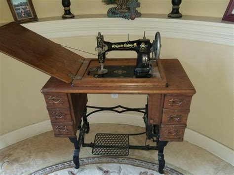 Antique 1900s White Rotary Treadle Sewing Machine With Oak Tiger Wood