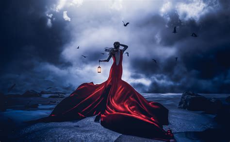 Lost In Night Girl Red Dress With Lantern Wallpaper Hd Fantasy 4k