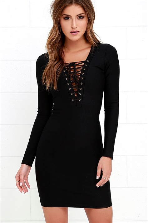 Lace Up Dress Sexy Black Dress Long Sleeve Dress Bodycon Dress