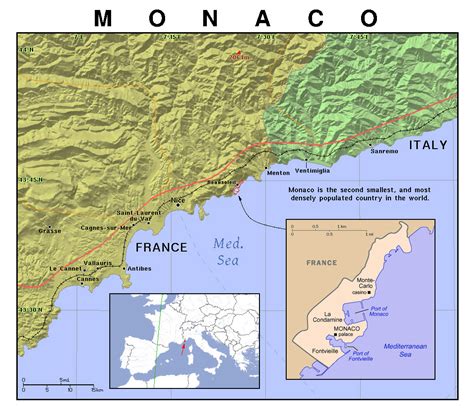 Detailed Political Map Of Monaco With Relief Monaco Europe