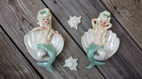 Rare Set 1960s Perfect Lefton Ceramics Mermaid In Shell 4 Piece Set