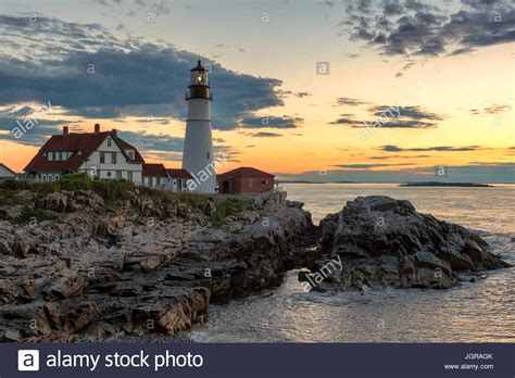 Sunrise At Portland Head Lighthouse Cape Elizabeth Maine Usa Stock