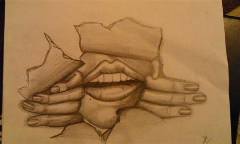 Lips And Hands Ripping Through Drawings Portrait Tattoo Male Sketch