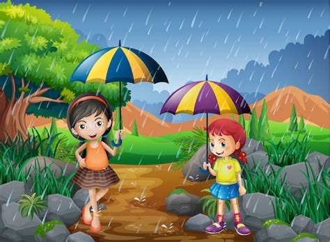 Rainy Season With Two Girls In The Park Premium Vector
