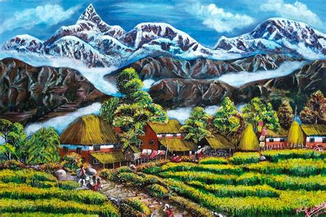 Village Near Pokhara Nepalese Acrylic Landscape Painting Kcs