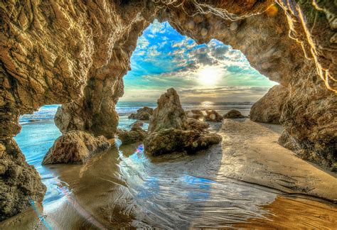 Download Hdr Horizon Sunrise Cloud Sky Sea Ocean Beach Nature Cave Hd