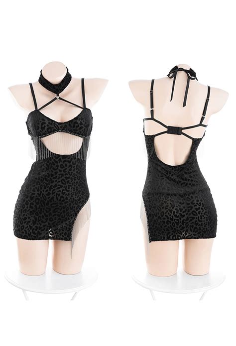Sexy Lingerie Set Tassel Cutout Halter Bodycon Mini Dress With Thong Top Quality Lingerie