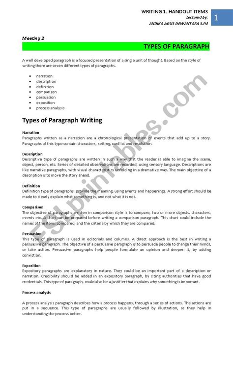 Identifying Types Of Paragraphs Worksheets Worksheets For Kindergarten
