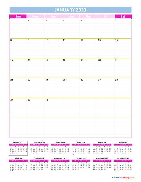 January 2023 Vertical Calendar Portrait Printable 2023 Calendar One