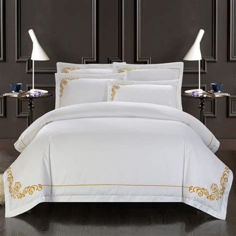 Golden Embroidered Hotel Bedding Set Luxury100 Cotton White Duvet