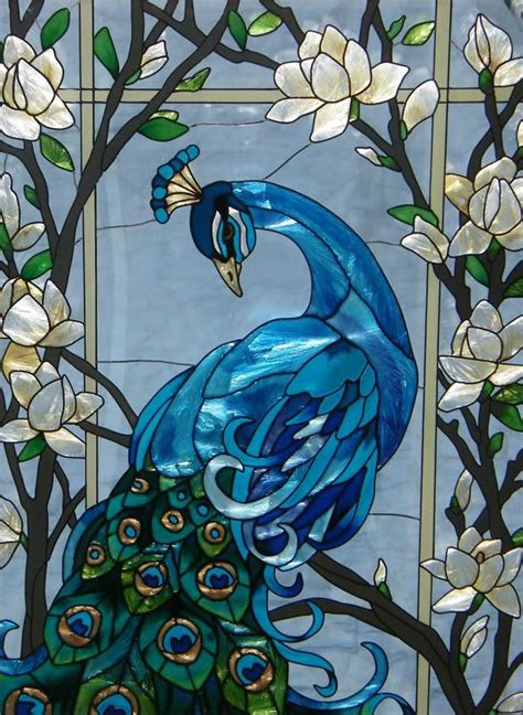 Magnificent Peacock 17x37 Stained Glass Window Panel Uccelli Di Vetro Colorato Arte