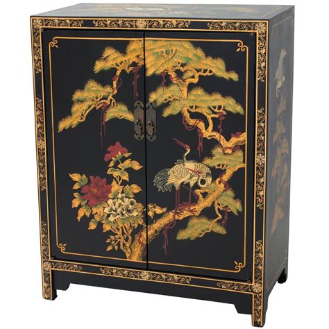 Oriental Furniture Black Lacquer Cranes Design Cabinet Lcq 38 Bl The