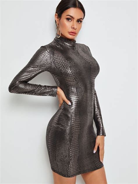 Mock Neck Crocodile Embossed Metallic Bodycon Dress Check Out This Mock
