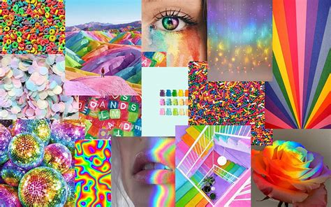 Retro Rainbow Vibes Aesthetic Wall Collage Kit Digital Cute Laptop Wallpaper Hippie Wallpaper