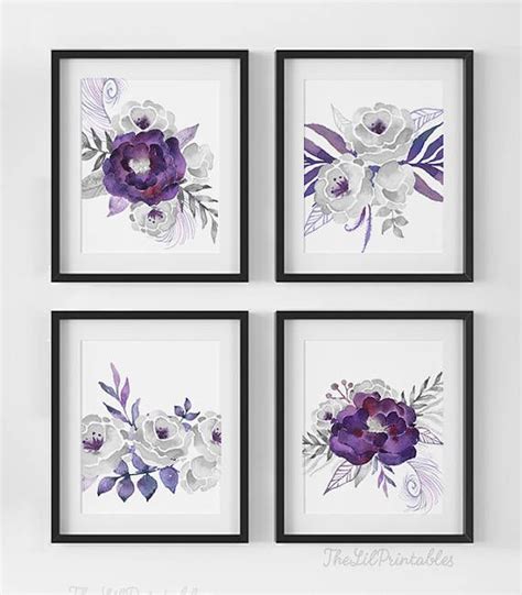 Set Of 4 Printables Gray Wall Art Purple Wall Art Silver Florals