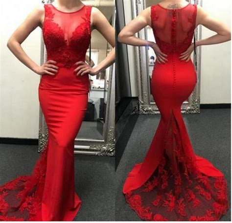 Charming Prom Dress Sexy Red Mermaid Prom Dresses With Appliques Lace