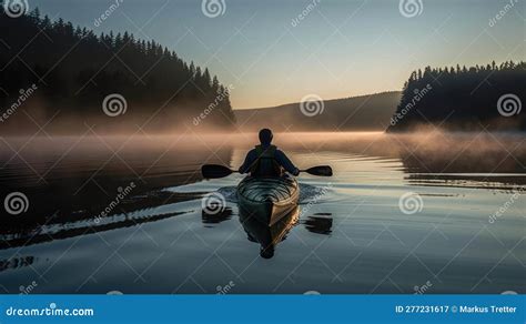 A Person Kayaking Through Calm Glassy Water In The Early Morning
