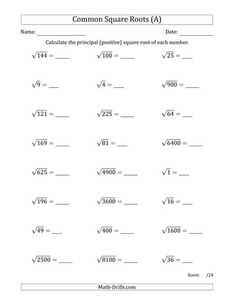 Simplifying Square Roots Practice Worksheet