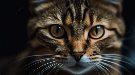 Tabby Cat Stares Into The Camera From A Dark Background Closeup Of A