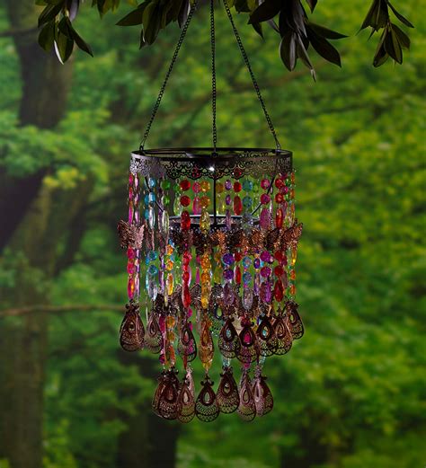 Colorful Beaded Solar Powered Metal Chandelier With Weathered Copper