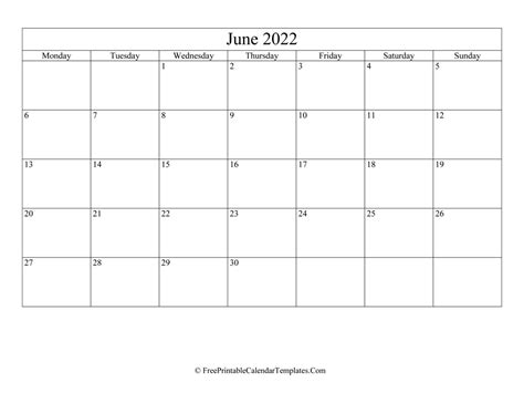 Blank Editable June Calendar 2022 Landscape
