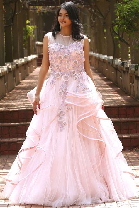 Buy Baby Pink Net Applique Embroidered Evening Gown Online Evening