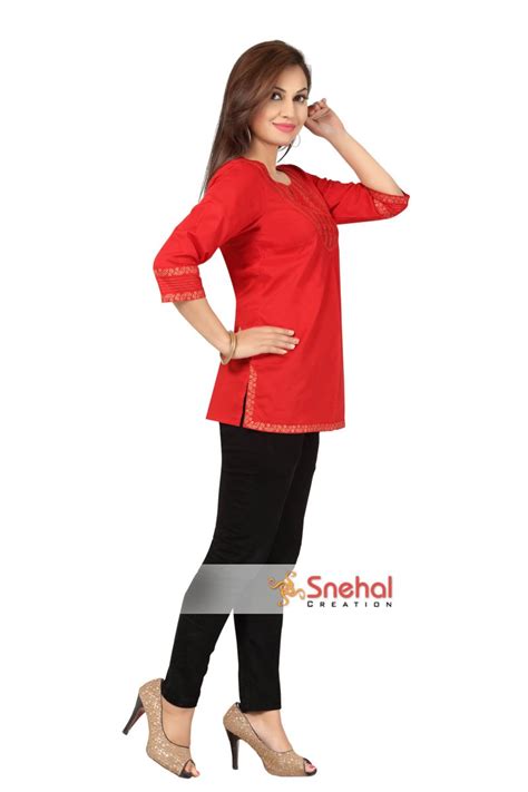 Wed Me Red Short Cotton Designer Short Tunic Top For Women