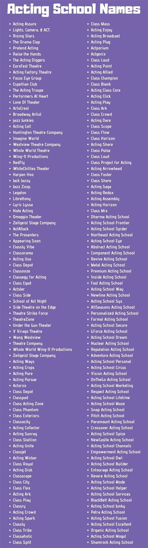 A Purple Poster With The Words Acting School Names