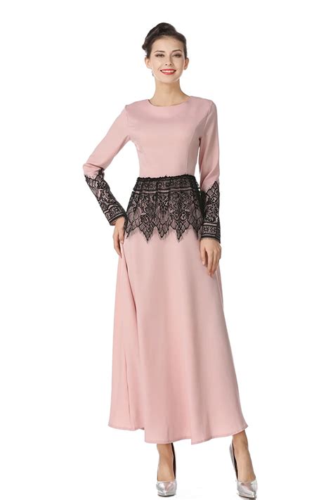 Lace Waist Muslim Maxi Dress Chiffon Islamic Women Long Dresses Dubai Middle East Arab Abaya