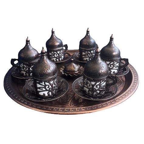 6 Person Copper Ottoman Patterned Turkish Coffee Cup Set Tray Turkish