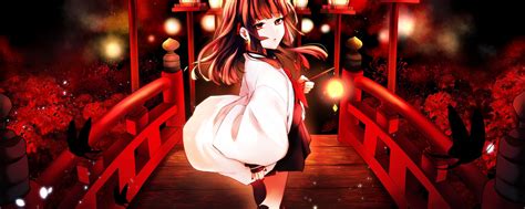 Download Wallpaper 2560x1024 Anime Girl Small Bridge Outdoor Night