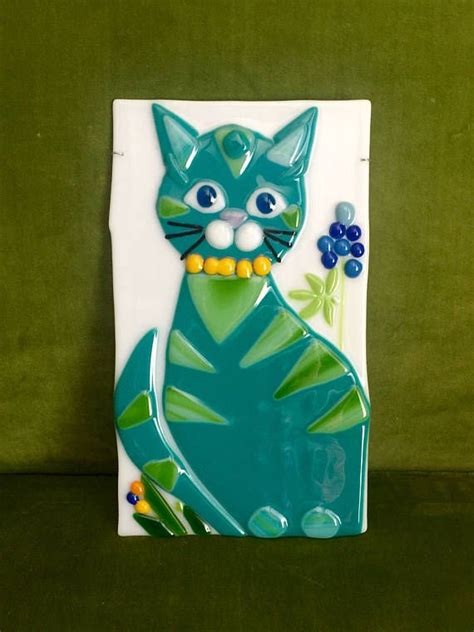 Kitty Cat Bluebonnet Flowers Fused Glass Art Wall Decor Plaque Plate Bluebonnet Flower Glass