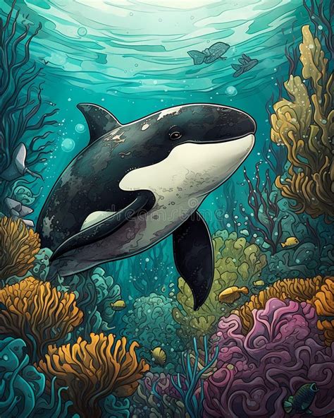 Cartoon Orca Colorful Illustration Happy Underwater Whale Swimming In