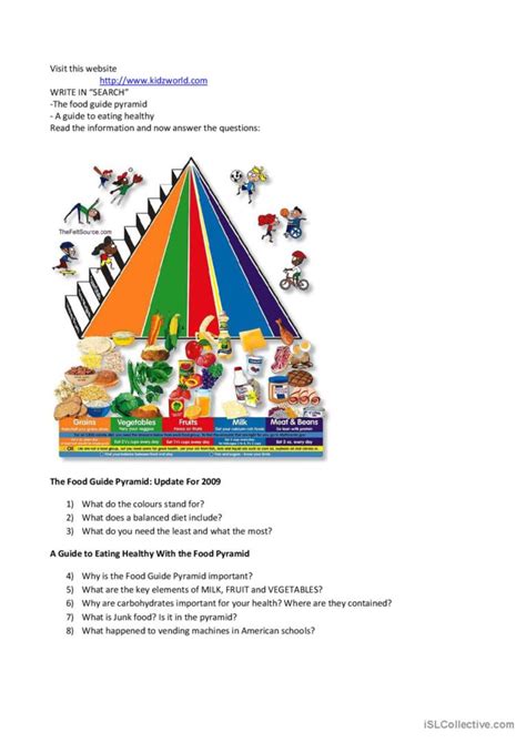 Food Pyramid Questions Reading For English Esl Worksheets Pdf Doc