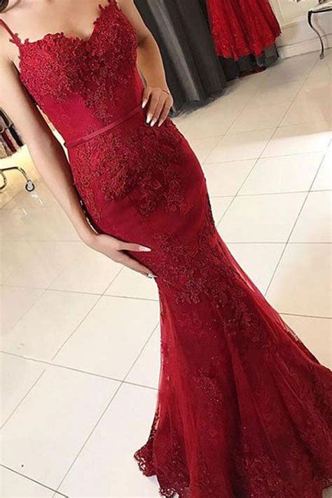 Mermaid Spaghetti Straps Burgundy Lace Appliques Prom Dresses Long