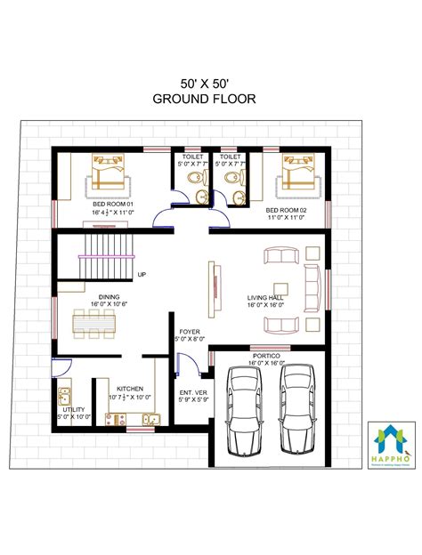 50x50 House Plan East Facing 2 Bhk Plan 011 Happho