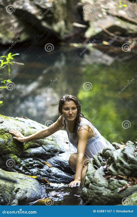 Beautiful Woman Bathing In The Stream Near The Waterfall Stock Image Image Of Natural Hair