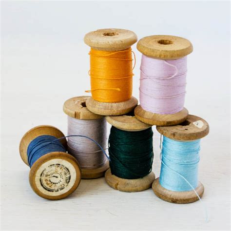 Set Of 6 Cotton Sewing Threads Wooden Thread Spools Light Dark Blue