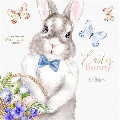 Watercolor Easter Bunny Clipart Floral Butterflies Eggs Etsy