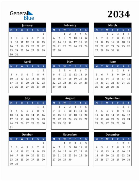 2034 Calendar With Monday Start