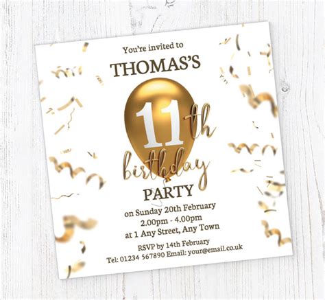 11th Gold Birthday Balloon Party Invitations Personalise Online Plus