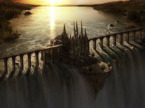 Hd Wallpaper Fantasy Art Waterfall Castle Bridge Sunset Connection