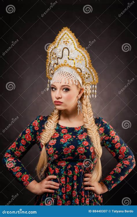 headdress girl folk portrait white russian russia dress stock image image of cute