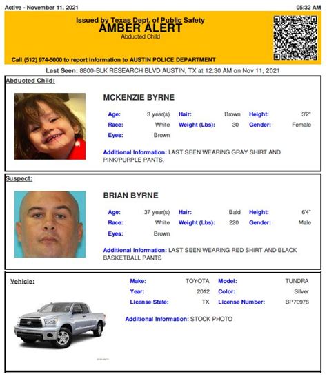 Texas Alerts On Twitter ACTIVE AMBER ALERT For McKenzie Byrne From Austin TX On