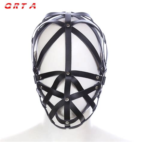qrta pu leather hood mask headgear bondage slave restraint belt in adult games for couples