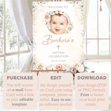 Baptism Welcome Sign Floral Baptism Editable Decorations Watercolor