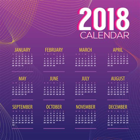 Purple 2018 Calendar With Wavy Lines Vector 01 Free Download