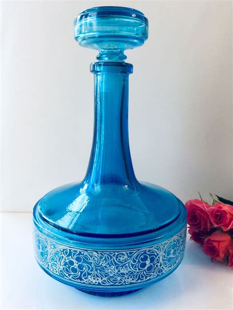 Mid Century Modern Blue Glass Bottle Made In Belgium Blue Glass