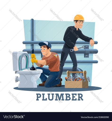 Plumbers With Work Tools Plumbing Service Workers Vector Image